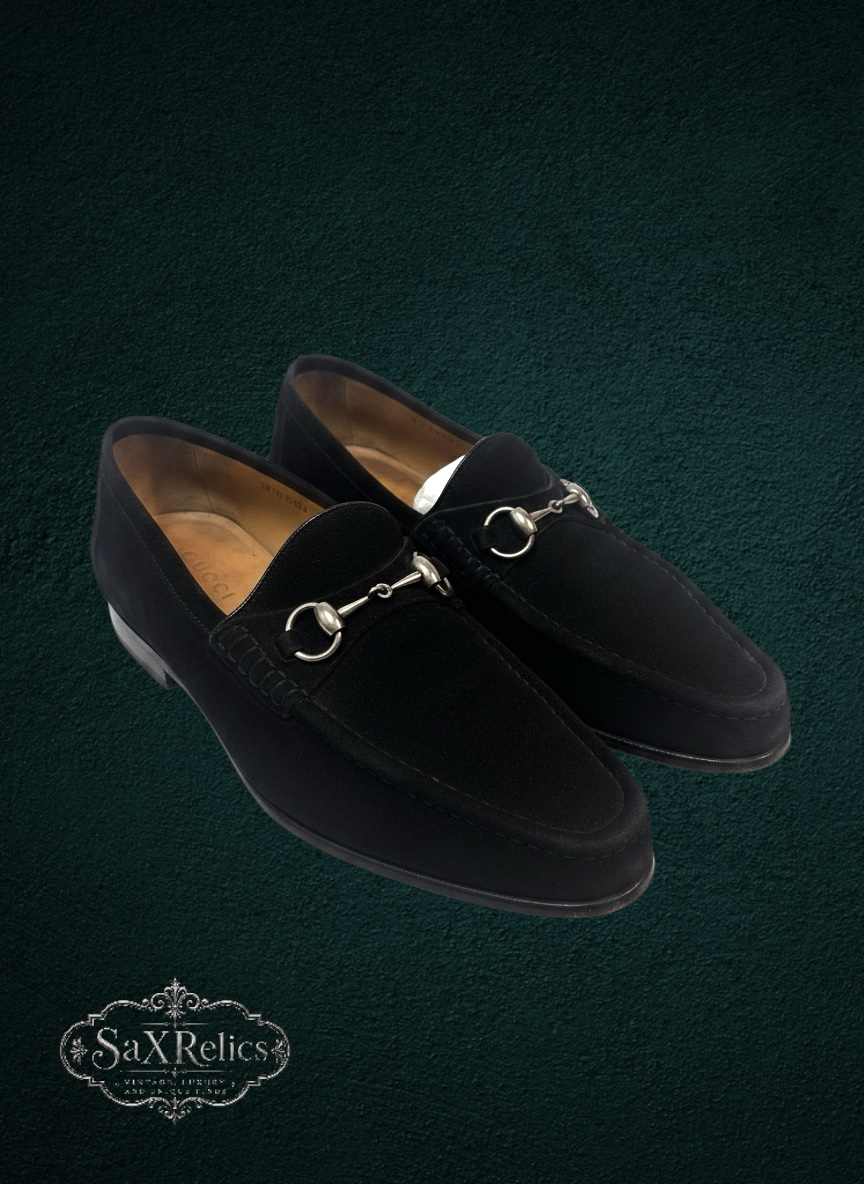 My Store Gucci black suede loafers with signature silver-tone horsebit hardware and leather interior.