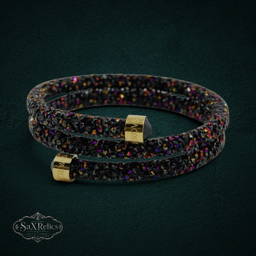 My Store Swarovski black crystal wrap bracelet with gold-tone end caps and iridescent purple and gold accents.