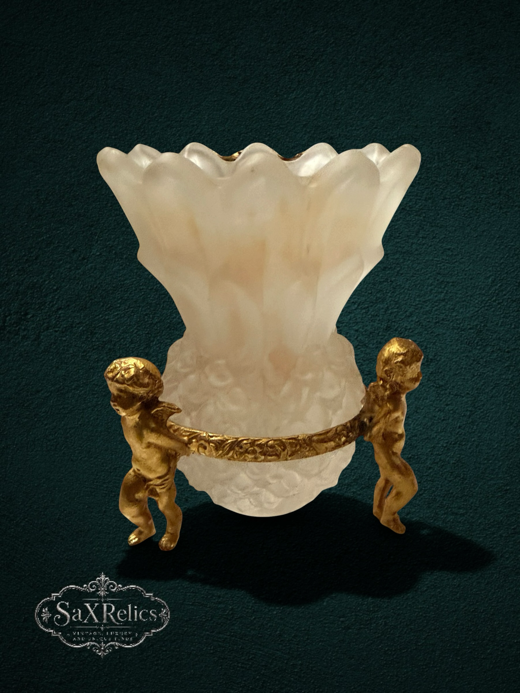 My Store ornate cherub vase with frosted glass and gilded bronze base, Art Nouveau style