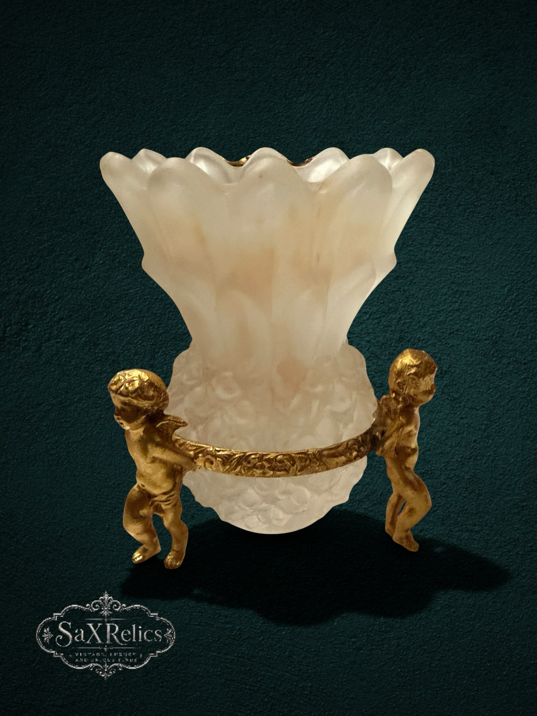My Store ornate cherub vase with frosted glass and gilded bronze base, Art Nouveau style