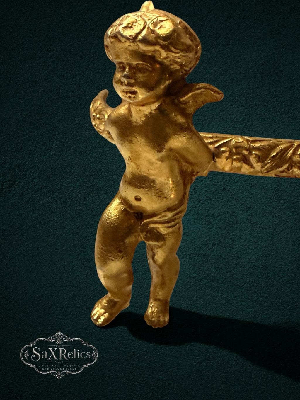 My Store ornate cherub glass vase with gilded bronze base, Art Nouveau inspired decorative accent piece.