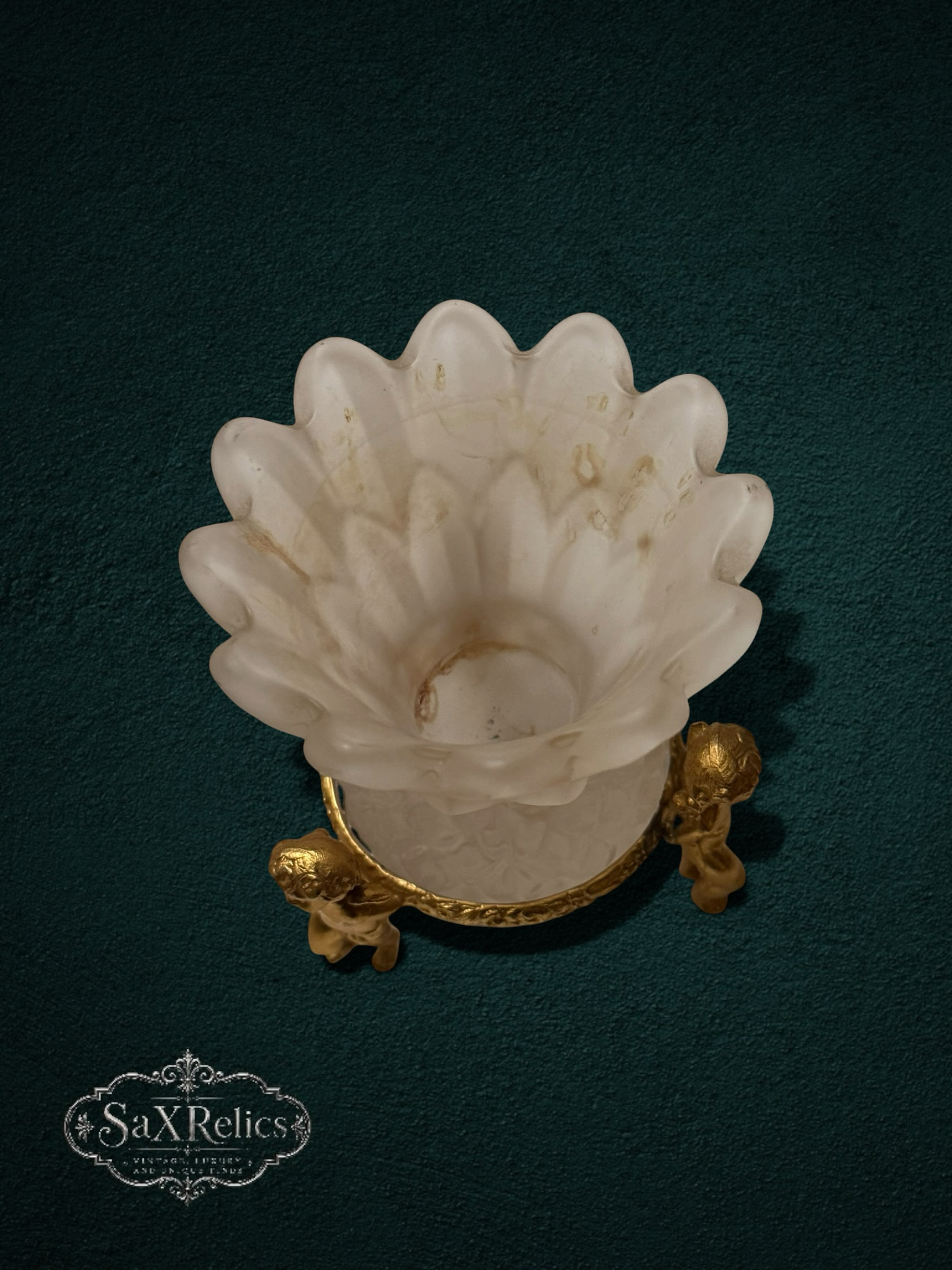 My Store ornate cherub frosted glass vase with gilded bronze base and petal rim. Art Nouveau style.